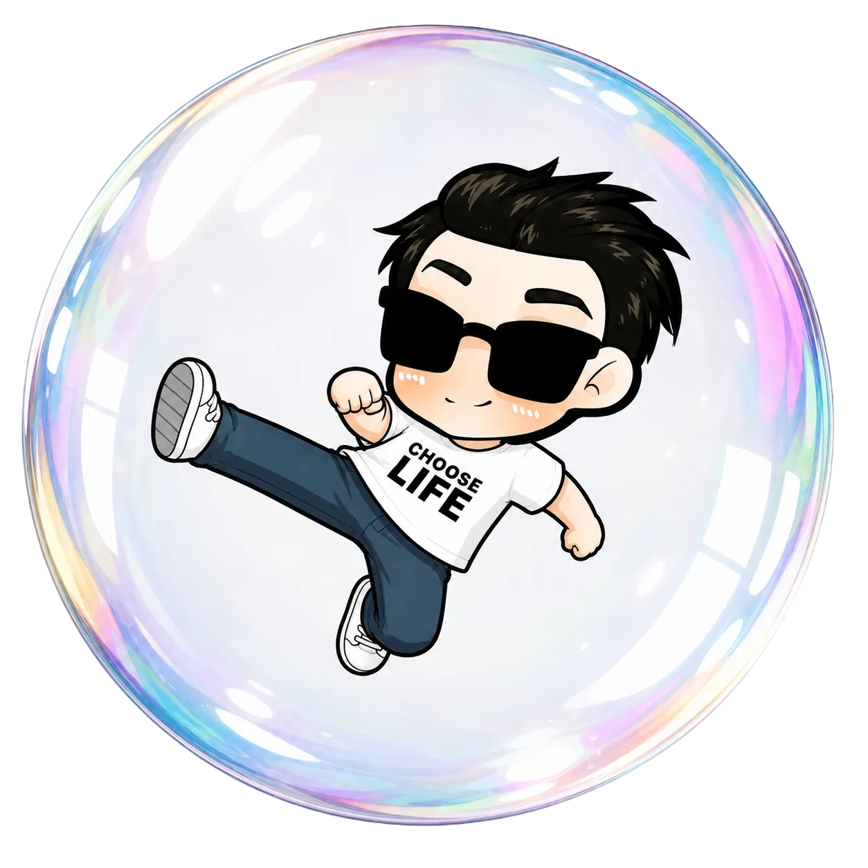 Jason, mid flying-kick in a bubble