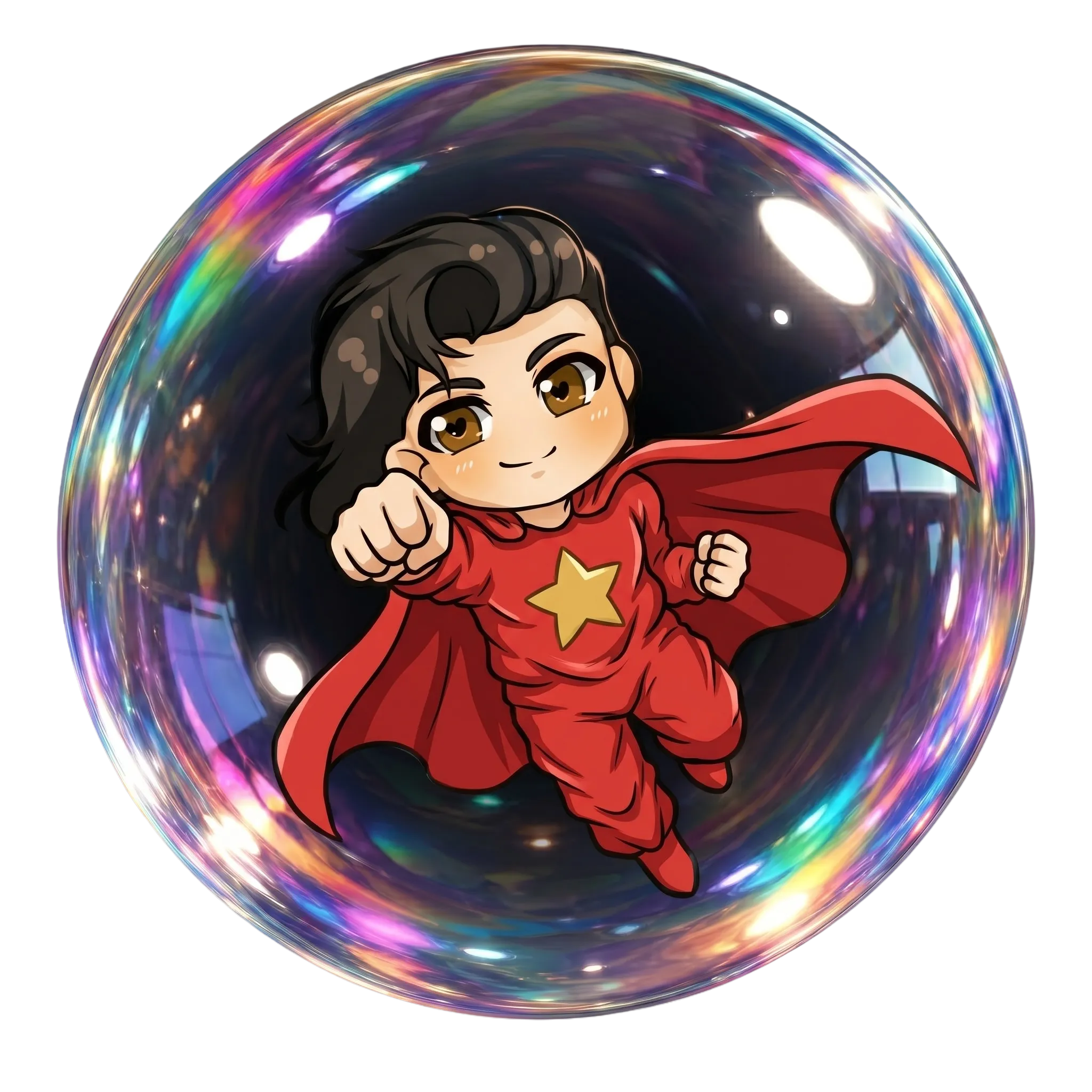 Jason, flying in his red super-suit in a bubble