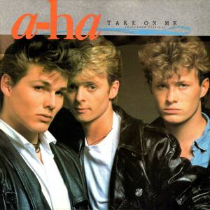 The single cover art for Take On Me by a-ha, a close up photo of the three band members