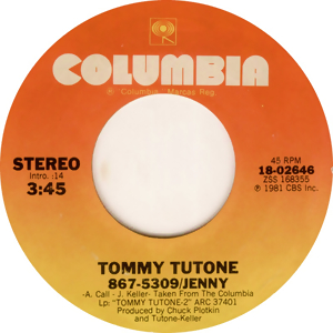 The Columbia Records 45 rpm single label for Tommy Tutone's 867-5309/Jenny