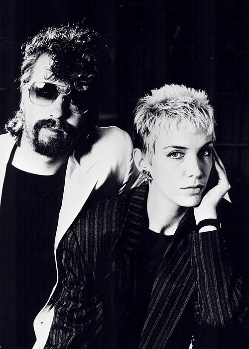 A black and white 1985 portrait of Annie Lennox and Dave Stewart of Eurythmics