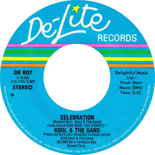 The De-Lite Records 45 rpm single label for Kool and the Gang's Celebration