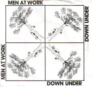 The single cover art for Men at Work's Down Under with a repeated illustration of an Australian tree
