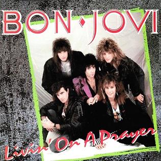 The single cover art for Bon Jovi's Livin' on a Prayer showing the five band members