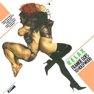 The single cover art for Frankie Goes to Hollywood's Relax showing two leather-clad figures in an embrace