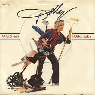 The single cover art for 9 to 5 by Dolly Parton, an illustration of Parton dressed as a handywoman with tools