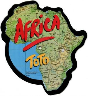 The single cover art for Africa by Toto, a map of the African continent with the song and band name in colorful lettering