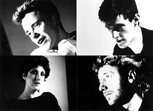 A four panel black and white promotional photo of the members of New Order, 1985