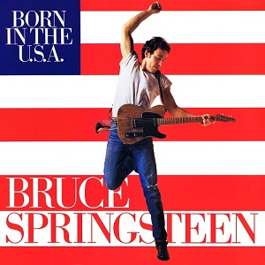 The Bruce Springsteen Born in the U.S.A. single cover, showing him jumping in front of an American flag backdrop