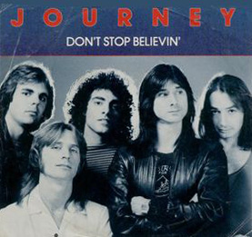 The single cover art for Don't Stop Believin' by Journey, a group portrait of the five band members