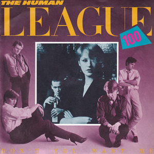 The single cover art for Don't You Want Me by The Human League, a magazine style collage of the five band members in purple tones
