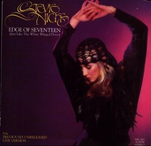 The Stevie Nicks Edge of Seventeen single cover, a portrait in black lace against a purple background
