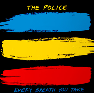The single cover art for Every Breath You Take by The Police, three horizontal paint stripes in blue, yellow, and red on black