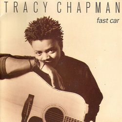 The Tracy Chapman Fast Car single cover, a portrait holding an acoustic guitar