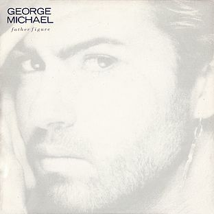 The George Michael Father Figure single sleeve, a close cropped black and white portrait