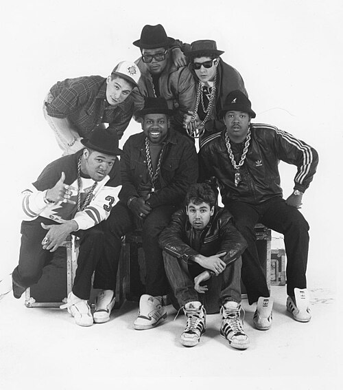 Run-DMC and the Beastie Boys together in a 1987 press photo