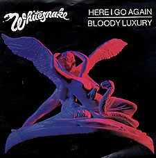 The single cover art for Here I Go Again by Whitesnake, an illustration of winged figures in red and blue