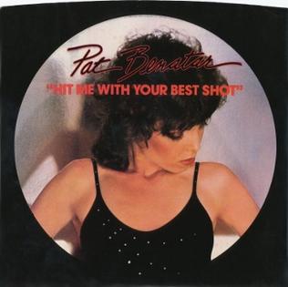 The Pat Benatar Hit Me with Your Best Shot single cover, a circular portrait with the title in red script