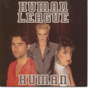 The Human League Human single cover, a group portrait against a dark red curtain