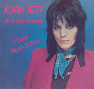 The single cover art for I Love Rock 'n' Roll by Joan Jett and the Blackhearts, a portrait of Jett in a red jacket against a blue background