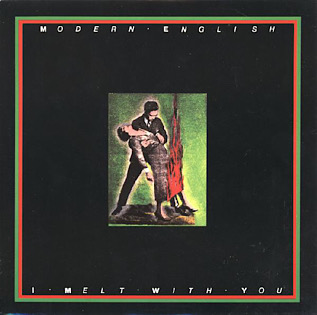 The single cover art for I Melt with You by Modern English, a painting of an embracing couple beside a bonfire