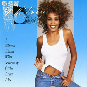 The single cover art for I Wanna Dance with Somebody by Whitney Houston, a photo of Houston smiling against a blue background