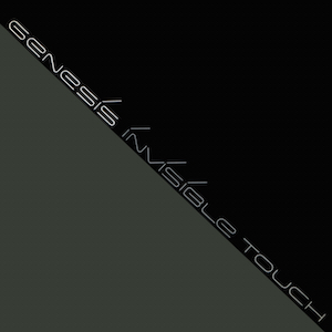 The Genesis Invisible Touch single cover, a diagonal split of black and olive green with the title in outline text
