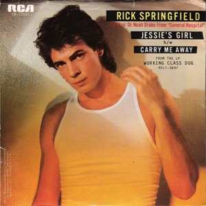 The single sleeve for Jessie's Girl by Rick Springfield, a black and white photo of Springfield in a denim vest