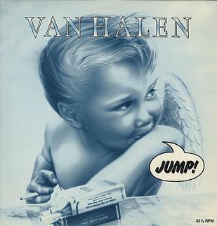 The single cover art for Jump by Van Halen, a painting of a winged cherub with a speech bubble reading Jump