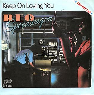 The REO Speedwagon Keep On Loving You single cover, a nighttime scene through an apartment window