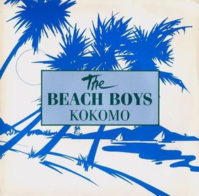 The Beach Boys Kokomo single cover, a blue illustration of palm trees on a beach