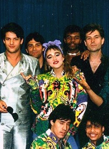 Madonna with her band backstage during the 1985 Virgin Tour