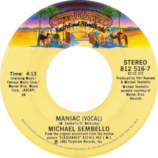 The Casablanca Records vinyl label for Maniac by Michael Sembello, listing songwriting and production credits