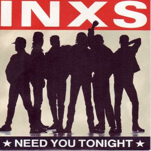 The INXS Need You Tonight single cover, silhouettes of the band members on a red and white background