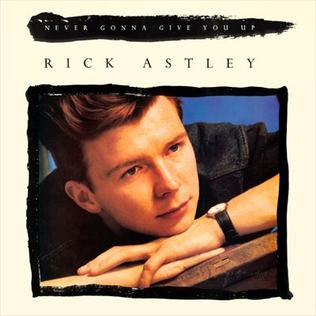 The single cover art for Never Gonna Give You Up by Rick Astley, a portrait of Astley leaning on his arms