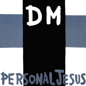 The Depeche Mode Personal Jesus single cover, a black cross over blue and white stripes