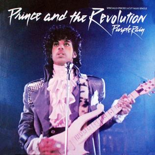The Prince and The Revolution Purple Rain maxi single cover, showing Prince performing at a microphone in a ruffled shirt