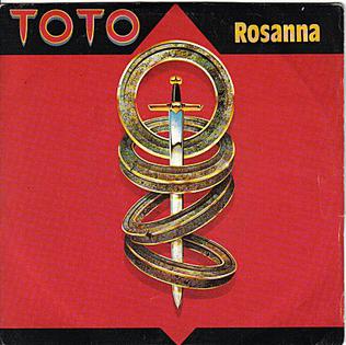 The single cover art for Rosanna by Toto, a gold sword wrapped in a spiral ring on a red background