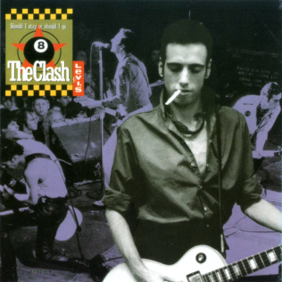 The cover art for Should I Stay or Should I Go by The Clash, a black and white band photo with an eight ball graphic