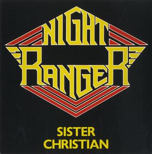 The Night Ranger Sister Christian single cover, the band logo in yellow and red on black