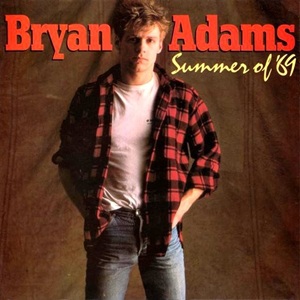 The single cover art for Summer of '69 by Bryan Adams, a photo of Adams in a plaid shirt against a wood background