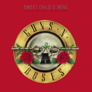 The single cover art for Sweet Child o' Mine by Guns N' Roses, the band's gold bullet logo with roses on a red background