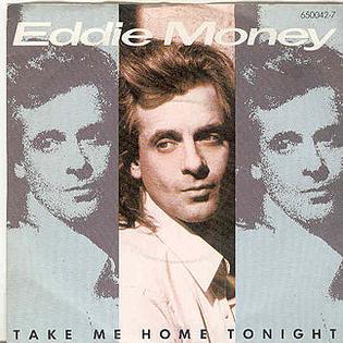 The Eddie Money Take Me Home Tonight single cover, a triptych portrait with a duotone blue treatment