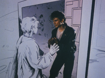 A frame from the rotoscoped Take On Me music video, showing the pencil sketch world and singer Morten Harket