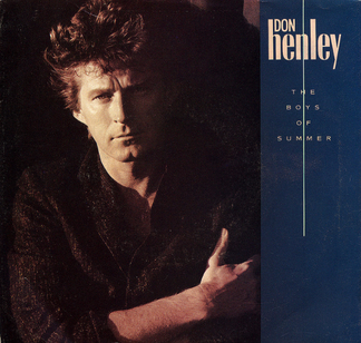 The single cover art for The Boys of Summer by Don Henley, a close up portrait of Henley against a blue and black background