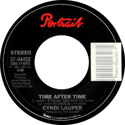 The Portrait Records vinyl label for Time After Time by Cyndi Lauper, listing songwriting and production credits