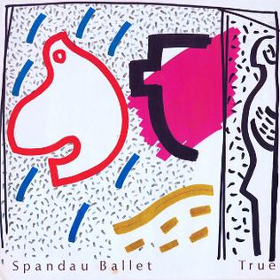 The single cover art for True by Spandau Ballet, an abstract geometric design in red, pink, and black