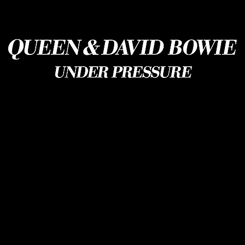 The single cover art for Under Pressure by Queen and David Bowie, white text on a plain black background