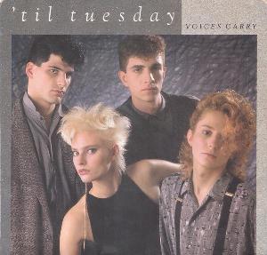 The 'Til Tuesday Voices Carry single cover, a group portrait of the four band members