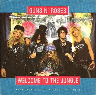 The single cover art for Welcome to the Jungle by Guns N' Roses, a group photo of the five band members against a floral backdrop